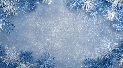 Winter ice pattern border with shimmering blue tones and white sparkle dust around clean center 