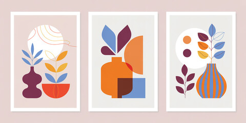Modern minimalist abstract wall art trio featuring geometric shapes, botanical forms, bold curves, vibrant burgundy orange blue palette, balanced symmetry, clean aesthetic design prints.