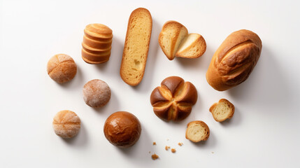 Assortment of various baked bread rolls, sliced baguette, and pastry pieces artfully arranged on a clean white surface for a studio shot