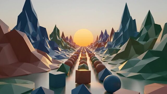 Abstract lowpoly landscape with geometric mountains and a sun horizon