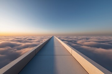Minimalist walkway above sunrise clouds with golden light, symbolizing business progress, clarity and forward vision
