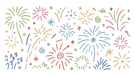 Hand-Drawn Doodle Fireworks Vector Pattern and Clipart Set for New Year, Pastel Celebration, and Event Decoration