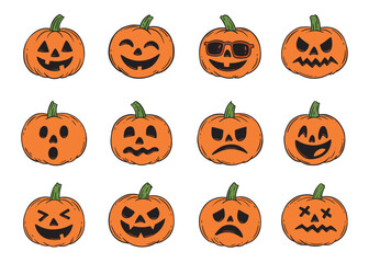 Jack O Lantern doodle faces compilation set.  Vector doodle illustration set for web, t-shirt design, other graphic design use