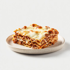 A delicious, perfectly layered slice of baked lasagna with rich meat sauce and melted cheese, isolated on white background