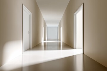 Fototapeta premium Symmetrical modern hallway with open doors and long shadows, metaphor for decision-making and strategic business choice