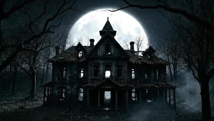 A dilapidated mansion under a full moon, with bare trees surrounding it in a dark forest. A spooky scene - Powered by Adobe