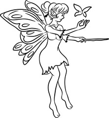 Hand Drawn Fairy with Butterfly and Wand