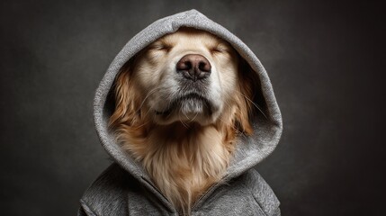 A poised dog wearing a hoodie in a serene moment. With eyes closed and a calm demeanor, it exudes tranquility and relaxation against a minimalist background. #DogInHoodie