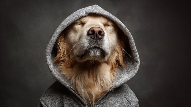 A poised dog wearing a hoodie in a serene moment. With eyes closed and a calm demeanor, it exudes tranquility and relaxation against a minimalist background. #DogInHoodie