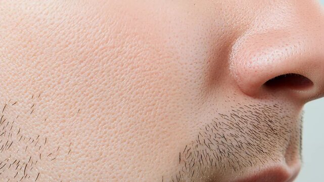 Close-up of a man's facial skin with visible pores and stubble, highlighting skin texture and minor imperfections.