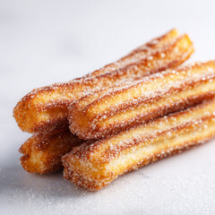 A closeup stack of four golden brown churros heavily coated in granulated sugar resting on a light surface
