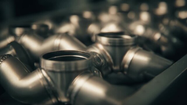 Closeup medium shot of specialized automotive catalytic converters being assembled with platinum group metals for emission control.