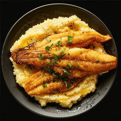 Crispy panfried catfish fillets served atop a generous bed of creamy, seasoned yellow grits garnished with fresh chopped parsley