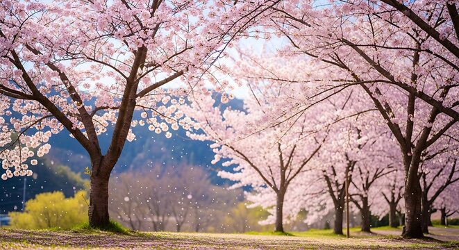 Blooming cherry trees line a path with petals falling gently in spring. - Powered by Adobe
