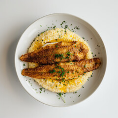 Top view of two perfectly panseared catfish fillets served over creamy, cheesy grits and garnished with fresh parsley, isolated on white background