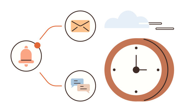 Alarm bell, envelope, chat bubbles, clock, cloud, and arrows indicate communication, alerts tasks and time. Ideal for organization reminders productivity email planning scheduling. Clean flat