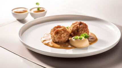 Gourmet presentation of two perfectly cooked meatballs served with a rich brown sauce and a quenelle of creamy puree on a white plate