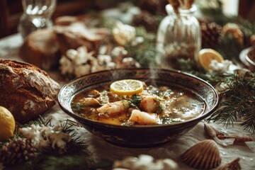 Riblja Corba in bowl garnished with lemon slices and dill on rustic wooden table, surrounded by pine branches, concept of warm ambiance, fish soup Christmas Eve broth.