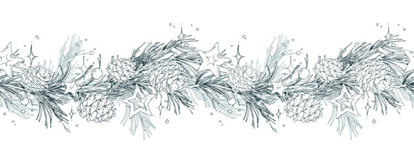 A seamless border pattern of pine branches, pine cones, stars, and beads, a floral garland. A hand-drawn monochrome line art graphic illustration with pen and ink. Christmas, winter, New Year s decor.