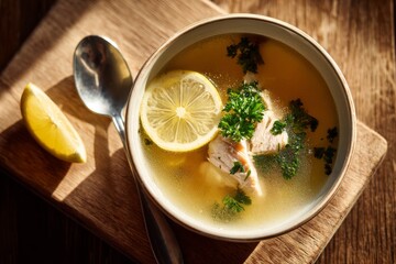 Riblja Corba in white bowl with lemon slices and parsley on rustic wooden tray. Concept of warmth, comfort, and holiday traditions, showcasing fish soup Christmas Eve broth.