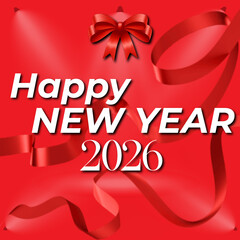 Red Ribbon Gift Theme Happy New Year 2026 Greeting Card