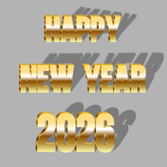 Gold Metallic 3D Happy New Year 2026 Text with Shadow Effect