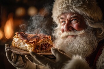 Elderly man with long white beard, fur hat, gloves, smiling, holding Timpana plate. Cozy setting with warm lighting, concept of baked pasta starter Maltese festive atmosphere.
