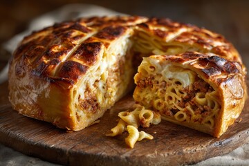 Timpana, flaky golden-brown pastry with slice revealing macaroni and cheese. Concept of warm rustic setting, baked pasta starter, Maltese festive vibe.