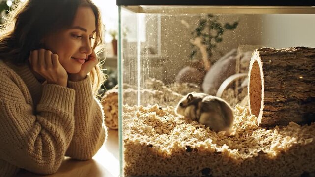 Young woman smiling watching pet hamster in glass tank with wood shavings. Cozy scene of bonding and pet care suitable for lifestyle blogs and pet store advertising.