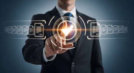Businessman selecting a digital document for approval on a futuristic interface.