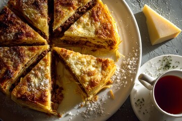 Timpana served on plate with cup of tea beside it. Concept of baked pasta starter Maltese festive, showcasing traditional dish with rich flavors and textures.