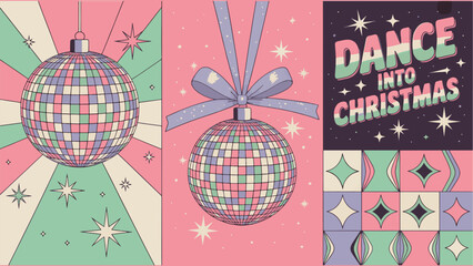 Retro Disco Christmas Card Set with Vintage Groovy Disco Ball, Pop Art Style, and Funky Holiday Typography