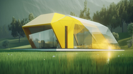 Modern yellow geometric house with extensive glass facade nestled in a lush green, misty, natural landscape setting