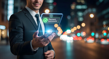 Businessman holding a futuristic transparent tablet with a successful payment confirmation screen at night in the city.