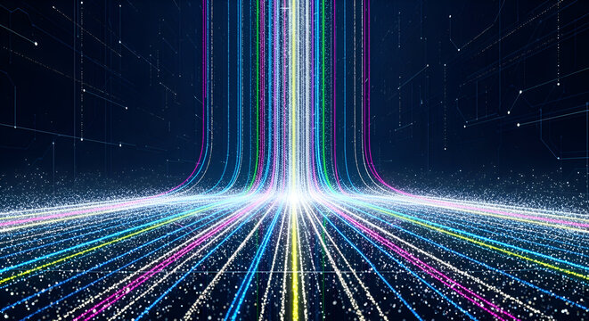 Futuristic digital information highway with streams of colorful light.