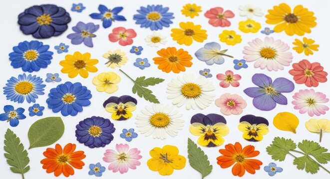 A beautiful assortment of pressed flowers and leaves are arranged on a clean white background creating a vibrant and colorful floral pattern professional stock photography content