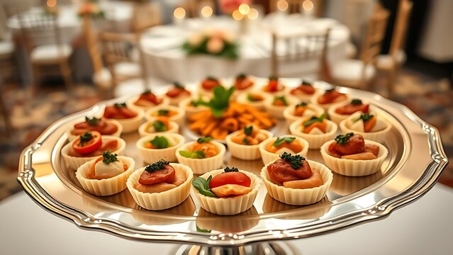 guests. Elegant silver platter with gourmet appetizers arranged in a circle, set against blurred wedding decor. event programs.