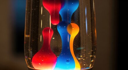 A colorful lava lamp with red blue and orange wax floats inside a glass container creating a retro and psychedelic vibe professional stock photography content