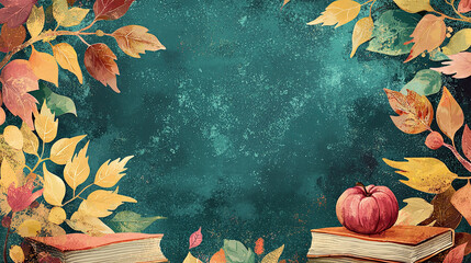 AI Generated - Apple sitting atop a stack of books surrounded by autumn leaves on a blue background. Commercial illustration artwork. Illustration. High-resolution. High-res. Premium quality. Premium.