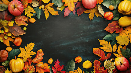 AI Generated - Black background with autumn leaves and pumpkins scattered across it. Commercial illustration artwork. Illustration. High-resolution. High-res. Premium quality. Premium. - Professional