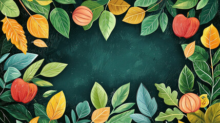 AI Generated - Vibrant painting of tropical leaves and fruits on a dark green background. Commercial illustration artwork. Illustration. High-resolution. High-res. Premium quality. Premium. -