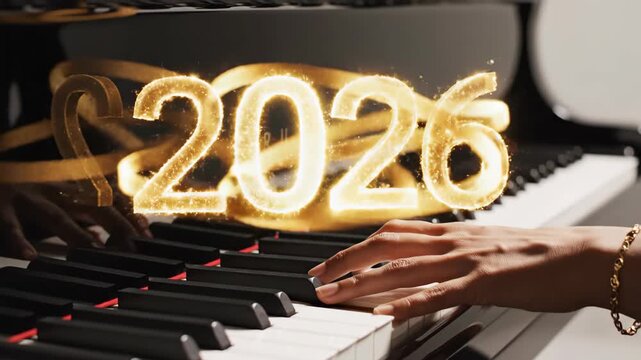 Close Up Pianist Hand Striking Chord With Glowing Rings 2026