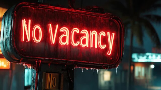 Video A bright neon sign with the words 'No Vacancy' lit up against a dark background