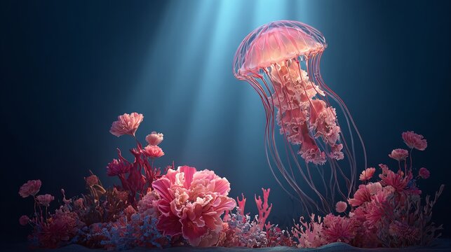 Underwater fantasy blooms where a vibrant jellyfish dances in sunlit depths amidst a garden of coral and flowers, creating a surreal and enchanting seascape.