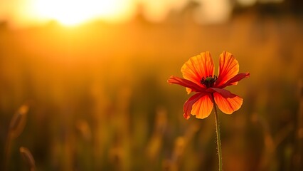 poppy. A lone red poppy stands tall in a sunlit field, glowing under the warm hues of a golden sunset. inspiring travel planning, gardening catalogs, designed for gardening and botanical catalogs.