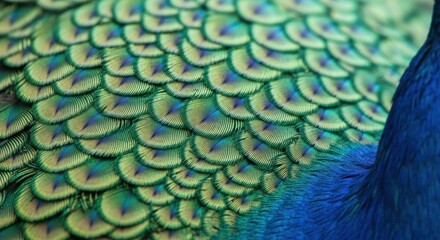 A macro shot reveals the iridescent beauty of peacock feathers displaying vibrant green and blue hues in a mesmerizing pattern professional stock photography content