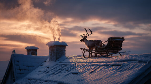reindeer with sleigh on snowy winter roof with smoking chimney in a christmas setting - Powered by Adobe