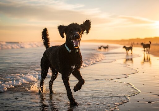 Happy dog runs through ocean waves at sunset with other dogs in background. - Powered by Adobe