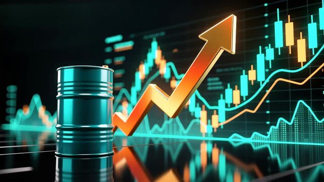 Blue oil barrel with rising 3d arrow and glowing charts symbolizing finance growth price jump and profit barrel
