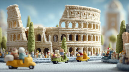 miniature figures in front of modern architecture, white and gray color palette, soft lighting, urban scene,